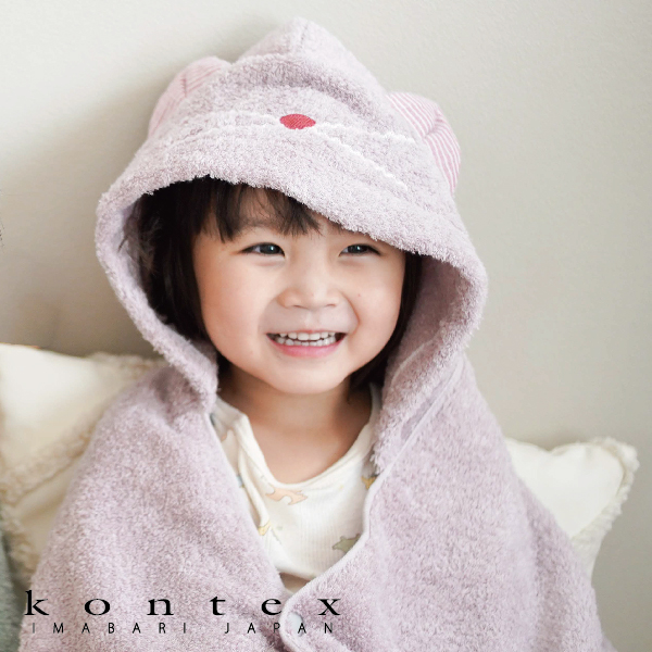 【kontex】ねこさん フード付きバスタオル ピンク