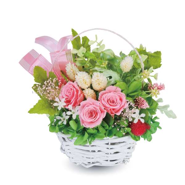 プリザーブドフラワー籠入りピンク