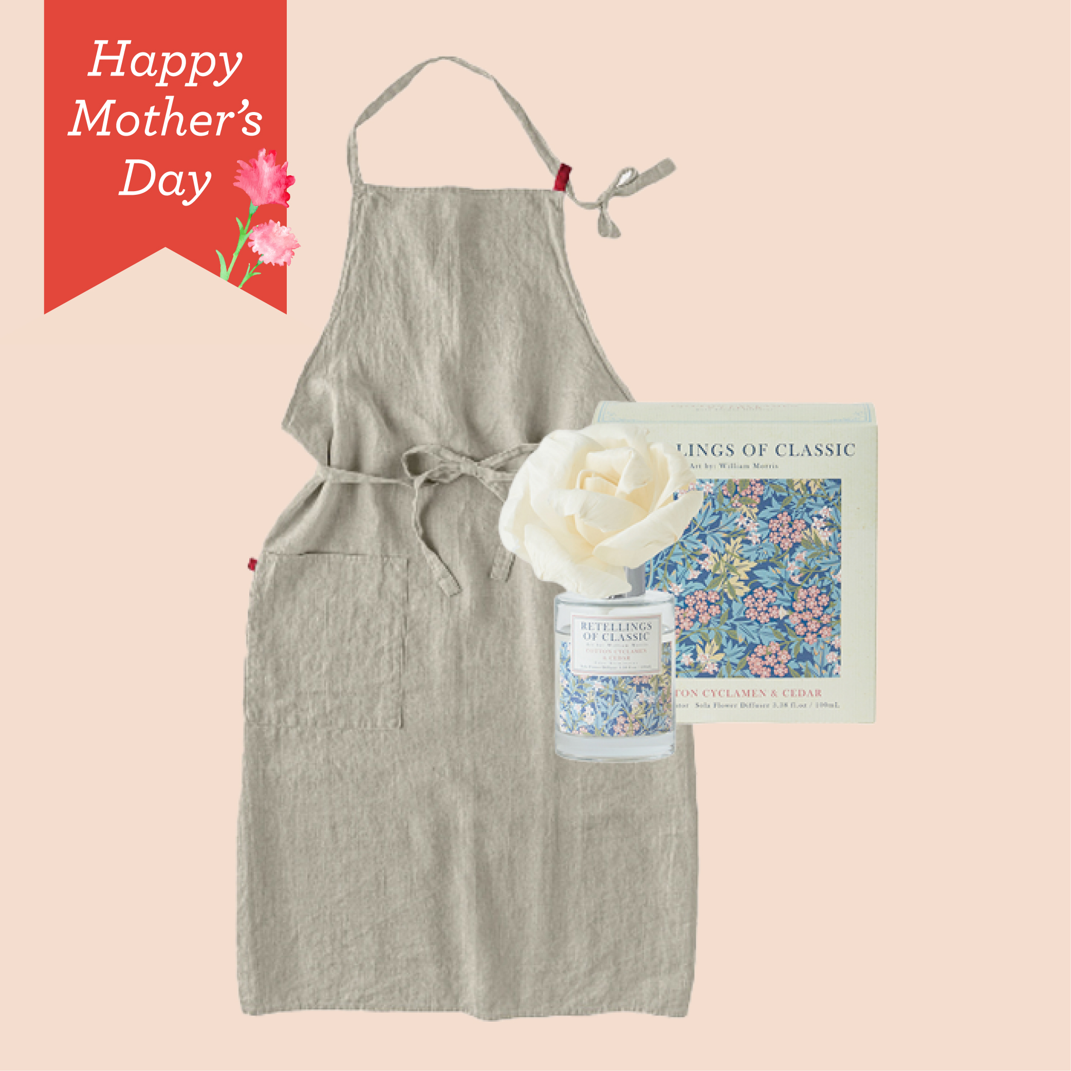 【母の日限定ラッピング】Lino e Lina エプロン＆ディフューザー（フラックス）