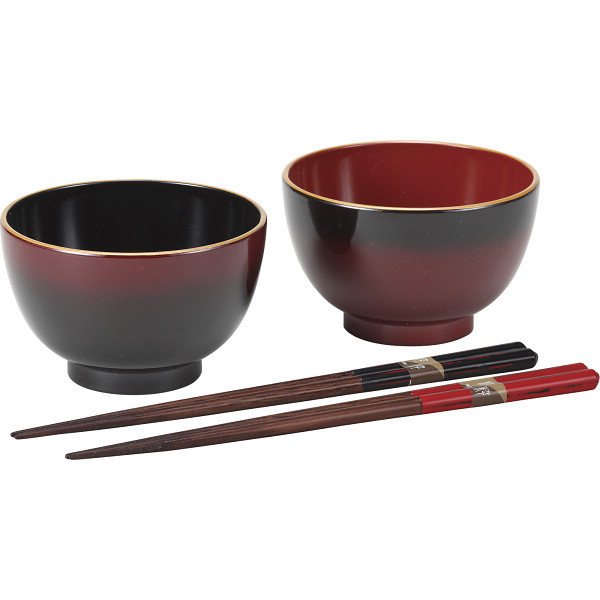 ぼかし塗 汁椀ペア（箸付）汁椀：黒・朱、箸：曙・根来