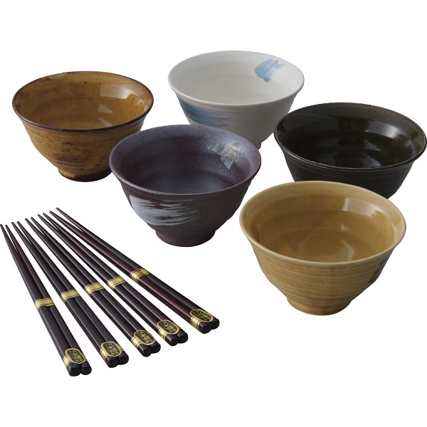 釉彩 茶漬碗５客揃 箸付