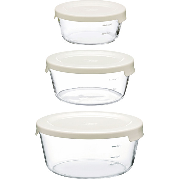 ハリオ　耐熱ガラス製保存容器　丸３個セットオフホワイト