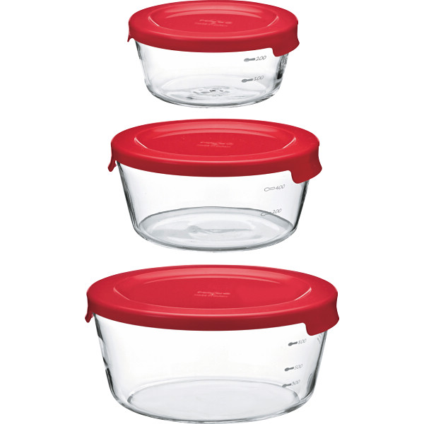 ハリオ　耐熱ガラス製保存容器　丸３個セットレッド