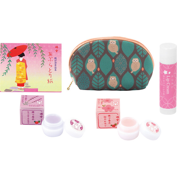 シェルポーチふくろうとスキンケアセット練り香（金木犀・らべんだー）・舞妓・桜