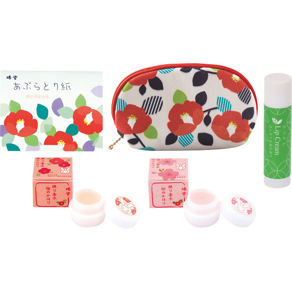シェルポーチ椿とスキンケアセット練り香（桜と椿）・椿花・お茶