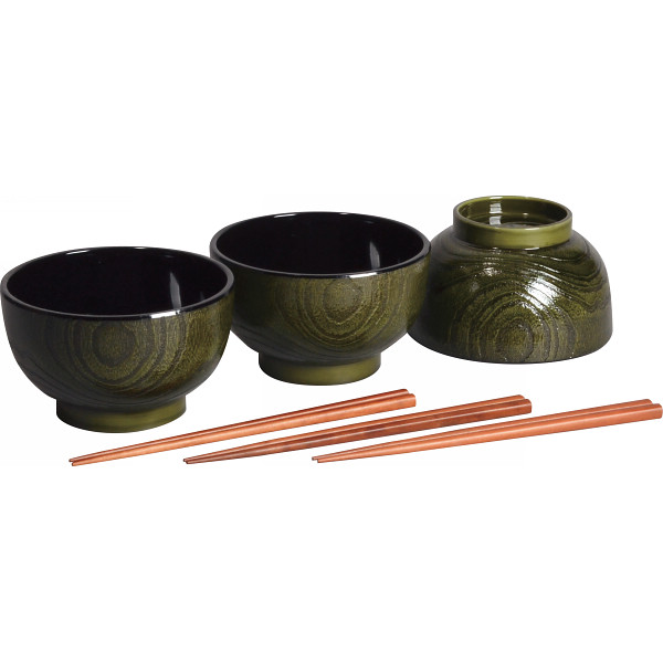 杢目塗 どんぶり椀３客揃（箸付）抹茶杢