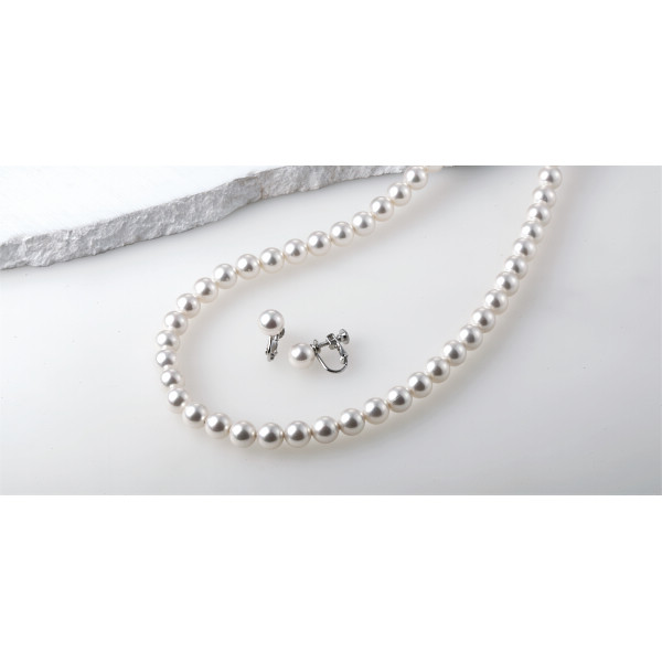 ヴィクトリアンローズ貝パールネックレス＆イヤリング１０ミリ玉ホワイト
