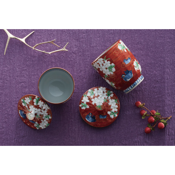 清水焼 朱濃鴛鴦 蓋付組湯呑