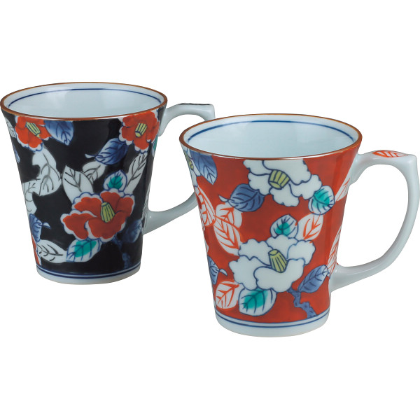 伊万里焼 黒彩椿・朱彩椿 ペアマグ