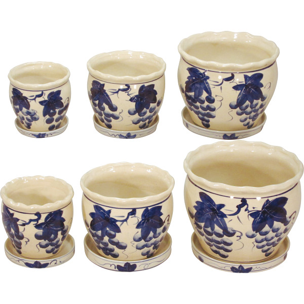 陶器植木鉢６点セット（受皿付）ブドウ柄