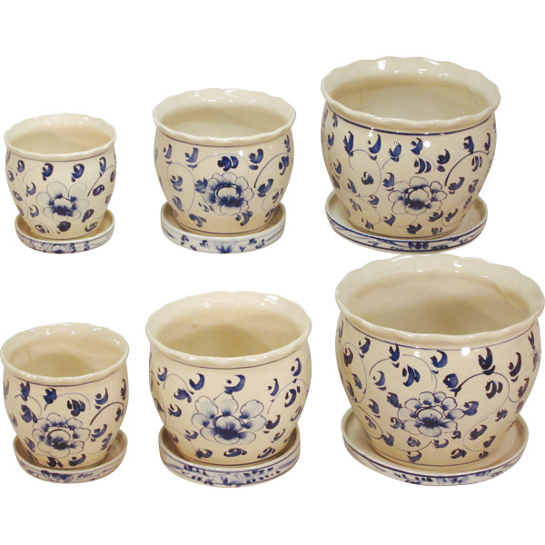 陶器植木鉢６点セット（受皿付）花柄Ｂ