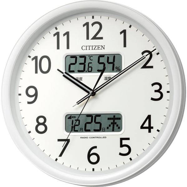 シチズン　温湿度表示付き電波掛時計白