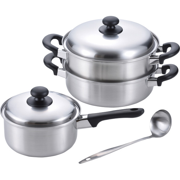 燕三 片手鍋（１８ｃｍ）＆二段蒸し器（２４ｃｍ）お玉付