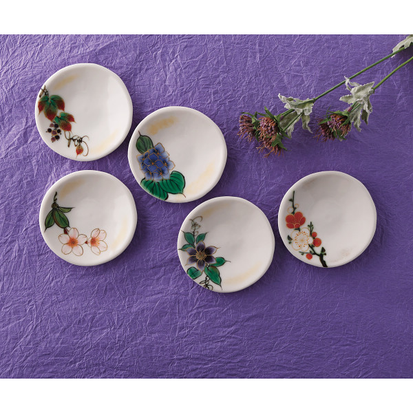 清水焼　四季の花　三寸皿５枚揃