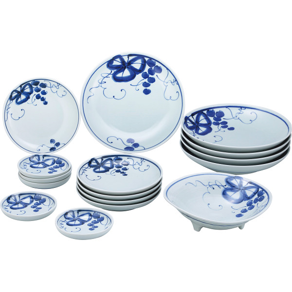 波佐見焼 古染青磁ぶどう絵 トレイセット１６点セット（三ツ足鉢）