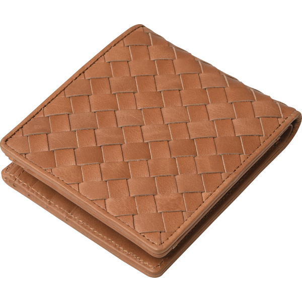 良品工房 日本製牛革編込二折れ財布キャメル