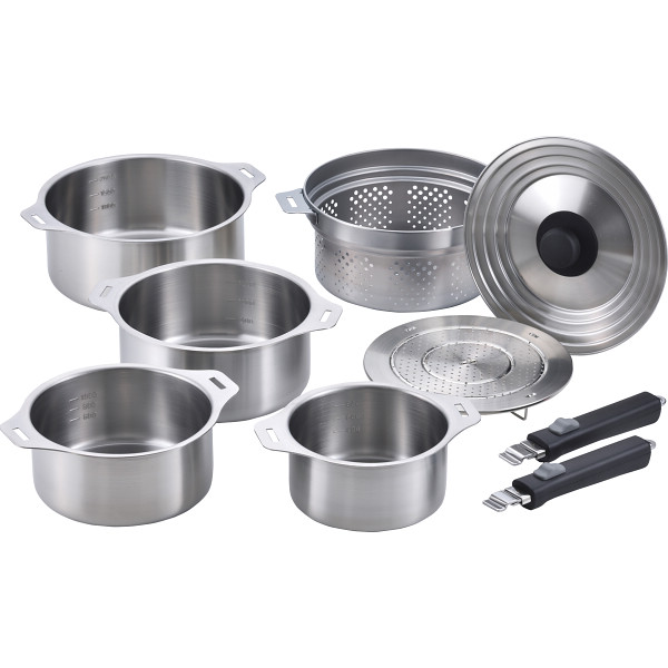 燕三 ハンドル着脱式鍋４点セット（蒸し台・中かご付）