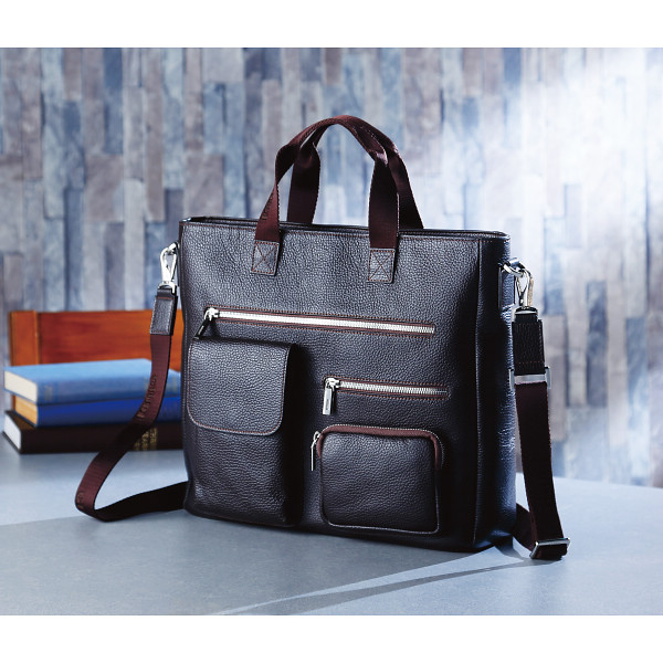 イタリア製ソフトエンボスレザ－マルチポケットトートバッグダークブラウン