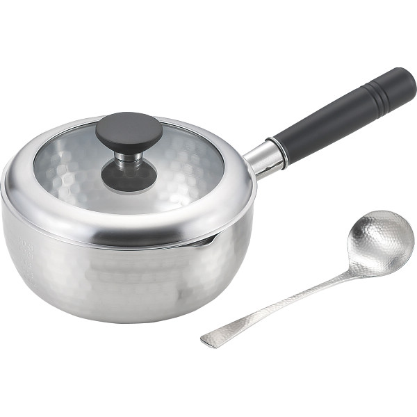 銀鱗 蓋付き槌目雪平鍋（１８ｃｍ）お玉付