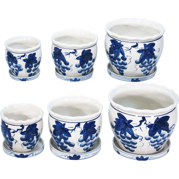 陶器植木鉢６点セット（受皿付）ブドウ柄