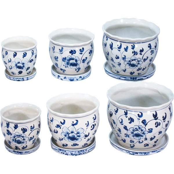 陶器植木鉢６点セット（受皿付）花柄Ｂ