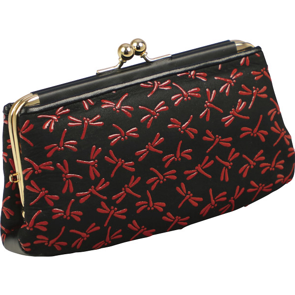 印伝トンボ柄あおりポケット付き親子がま口財布レッド