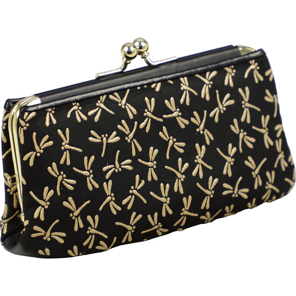 印伝トンボ柄あおりポケット付き親子がま口財布ベージュ