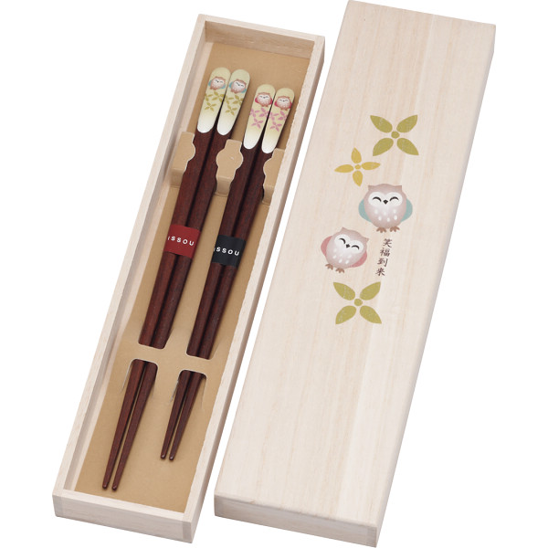 吉兆桐箱入 夫婦箸笑ふくろう