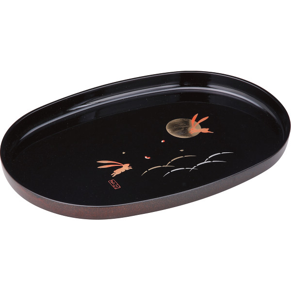 紀州塗 月とうさぎ 尺４長手盆黒