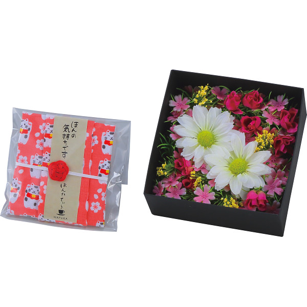 ほんの気持ちシリーズ　ＢＯＸフラワー（ハンカチ・紅茶付）はなやか