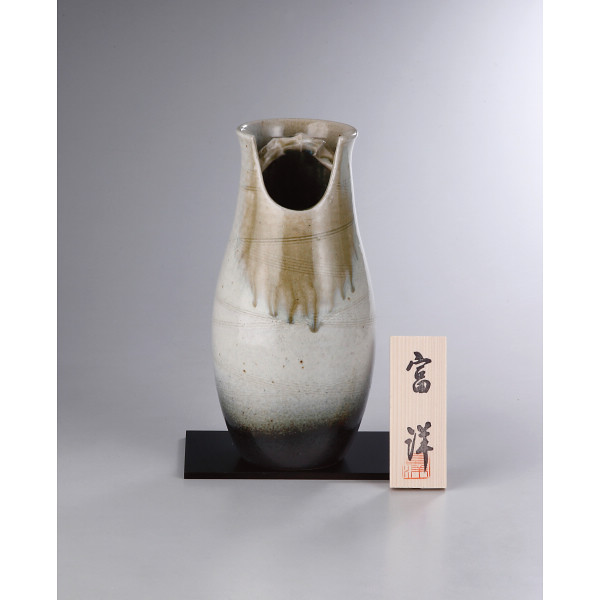 信楽焼 織部窯変手桶花瓶