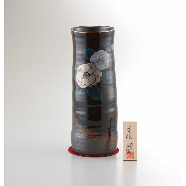 美濃焼 １０号黒伊賀長花瓶 プラチナ山茶花