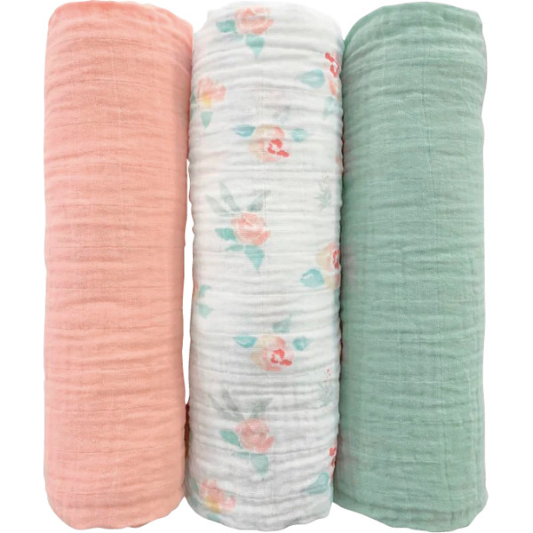 スワドルデザインズ　モスリンブランケット３枚セットピーチピンクフローラル