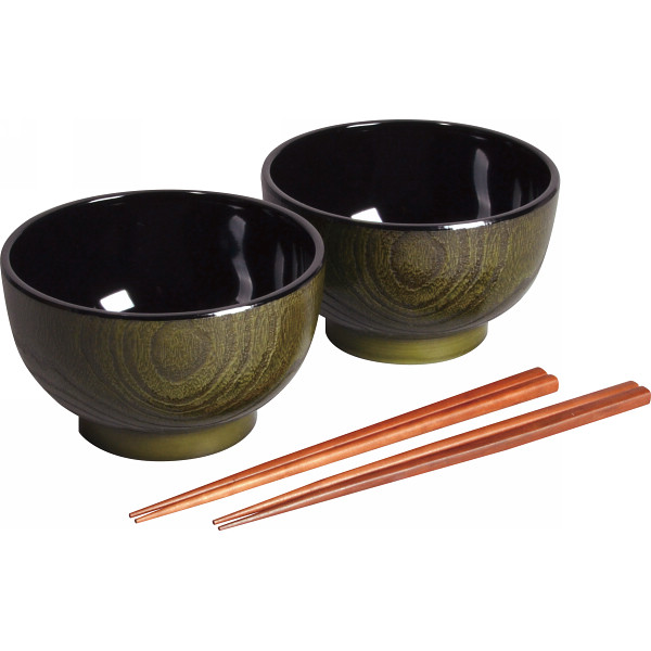 杢目塗 どんぶり椀２客（箸付）抹茶杢