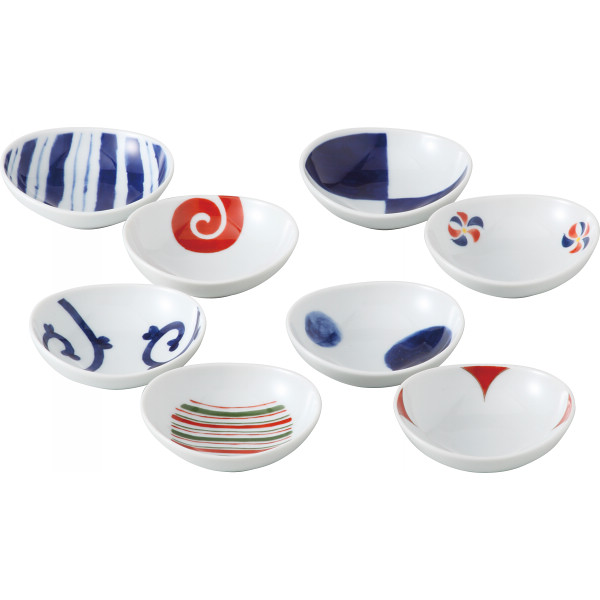 波佐見焼　染錦絵変り　末広珍味８客揃