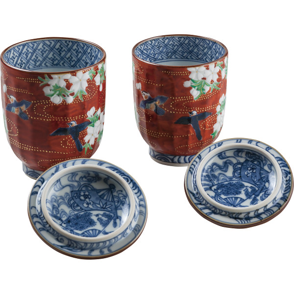 清水焼 朱濃鴛鴦 蓋付組湯呑