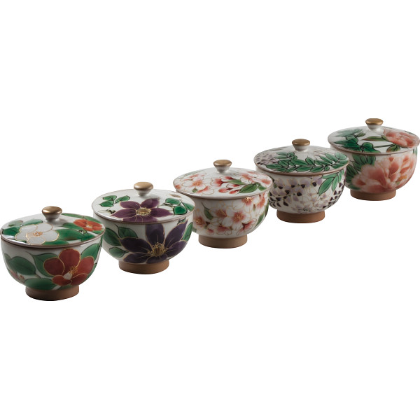 清水焼 富貴五草花 蓋付お茶呑茶碗５客揃