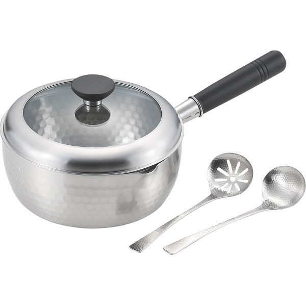 銀鱗 蓋付き槌目雪平鍋（２０ｃｍ）（お玉付）