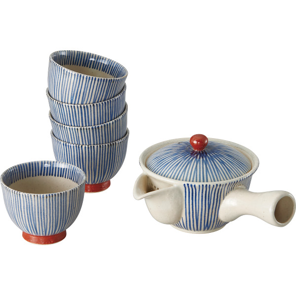 波佐見焼　朱巻十草　急須茶器揃