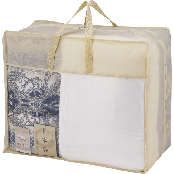 ウール５０％混日本製掛けふとん＆やわらか綿マイヤー毛布（毛羽部分）ブルー