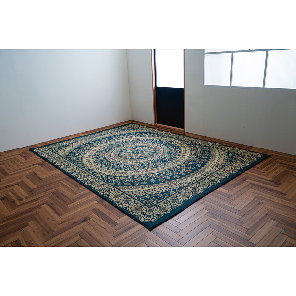 日本製メダリオン柄い草カーペット（Ｓ）ネイビー