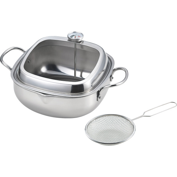 食彩亭 ステンレス角型天ぷら鍋（２０ｃｍ）すくい油切り付