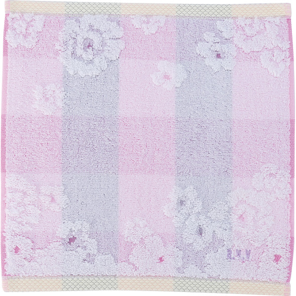 アーヴェーヴェー　婦人タオルハンカチチェック×花ピンク