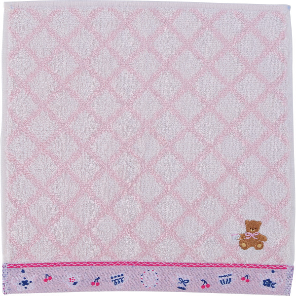 ロッティ　婦人タオルハンカチチェック×くま刺繍ピンク