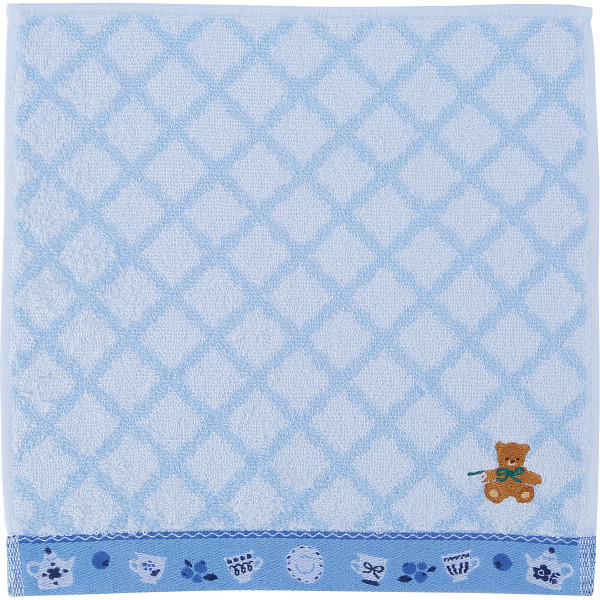 ロッティ　婦人タオルハンカチチェック×くま刺繍ブルー