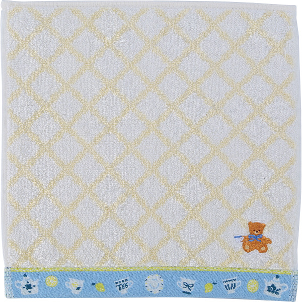 ロッティ　婦人タオルハンカチチェック×くま刺繍イエロー