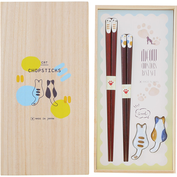 桐箱入　箸置き付夫婦箸　ねこづくし