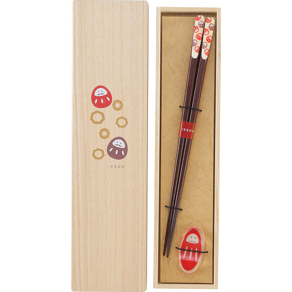 吉兆桐箱入　箸・箸置揃夢だるま黒猫と椿